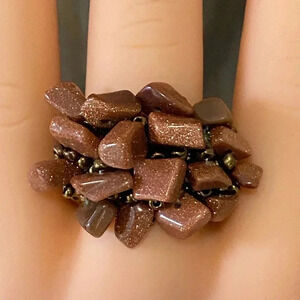 Sandstone Sunstone Handmade Seed Bead and Stone Chips Stretch Ring